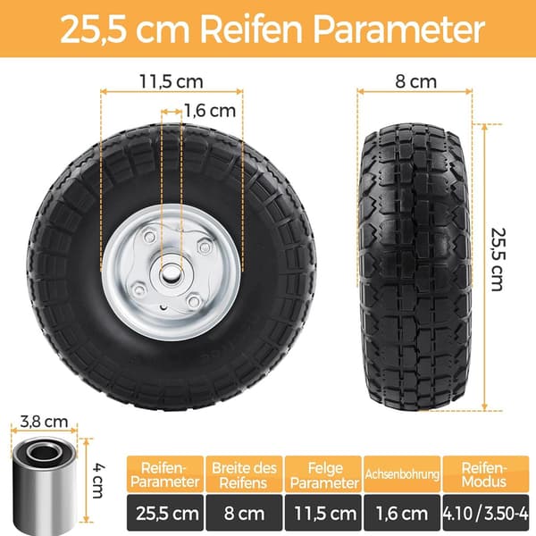 4 kpl Puhkeamattomat Varapyörät Kottikärryyn 255 mm – PU-Pyörät