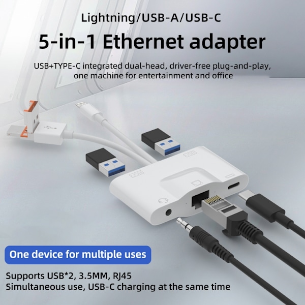 Ethernet-sovitin USB-C-, Lightning-, USB- ja MicroUSB-liitännäl