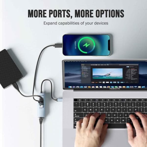 Lemorele USB-C-hub TC43L 4-i-1 med Gigabit Ethernet og USB / US