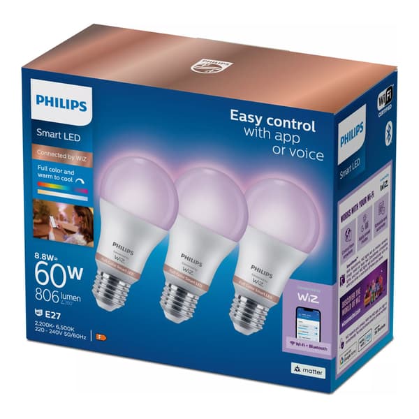 Philips RGB Smart-pære E27 A60 8,8 W, 3-pak / WiFi-LED-pære / R