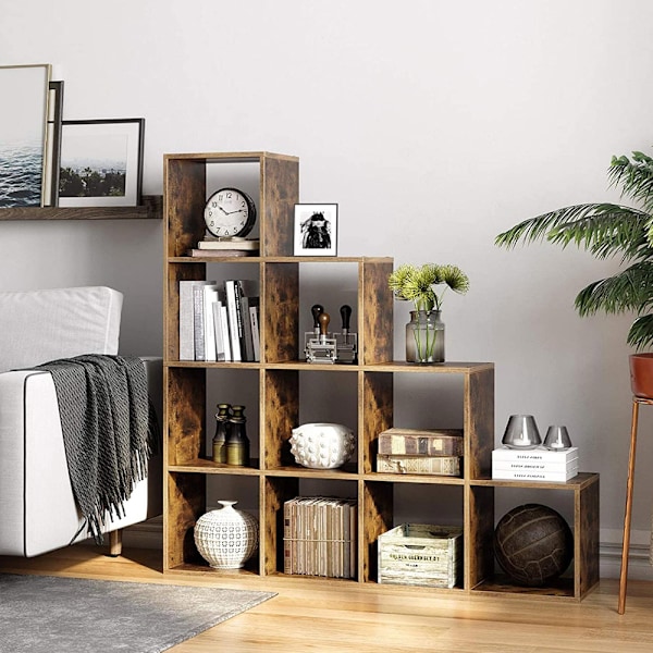 Bokhylla 129,5 x 129,5 x 29 cm – med 10 öppna fack i rustik bru