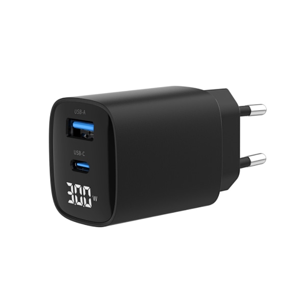 USB-oplader med LED-display 20W USB QC3.0 og 30W USB-C PD - Sort