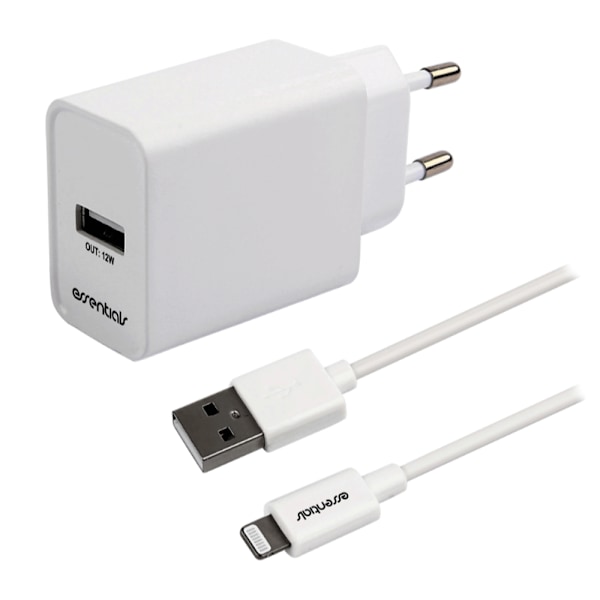Essentials USB-laturi 12W MFI USB-Lightning-kaapelilla - Valkoi