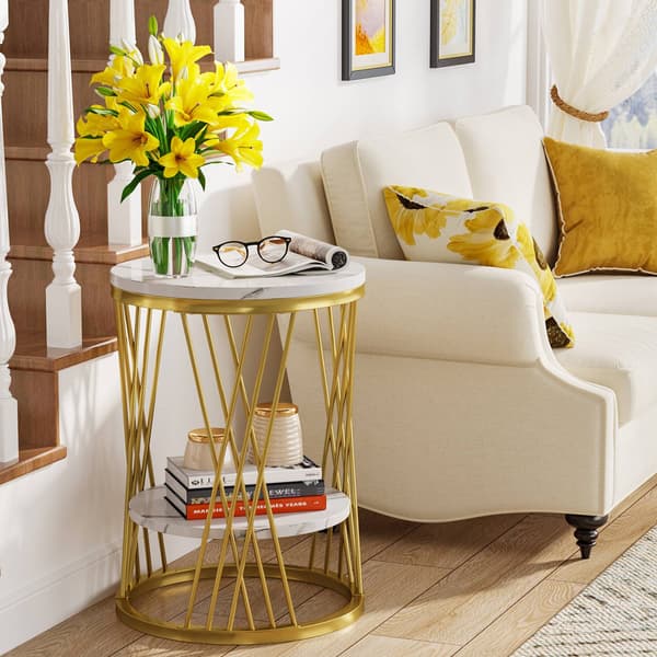 Rundt sidebord i marmorlook og guld / To-etagers sofabord til s