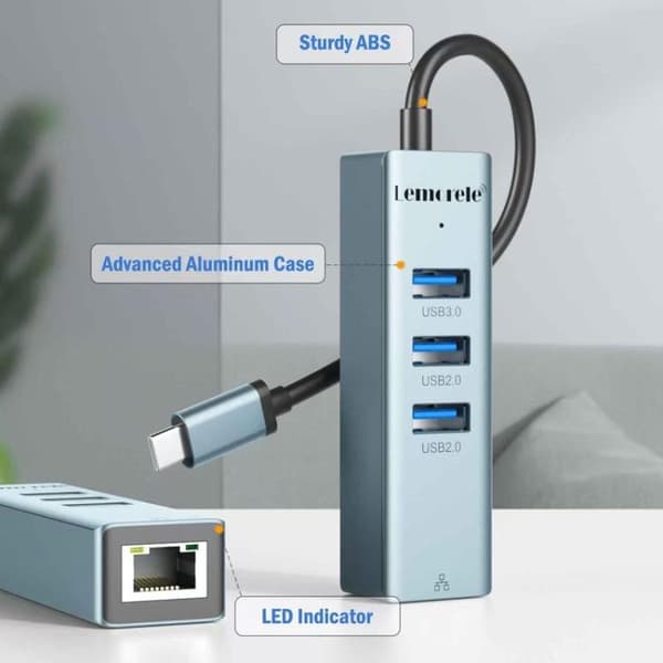 Lemorele USB-C-keskitin TC43L 4-in-1, Gigabit Ethernet ja USB /