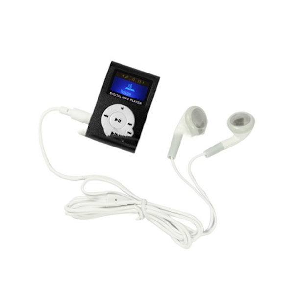 MP3-afspiller med LCD-skærm, hukommelseskortlæser og clips