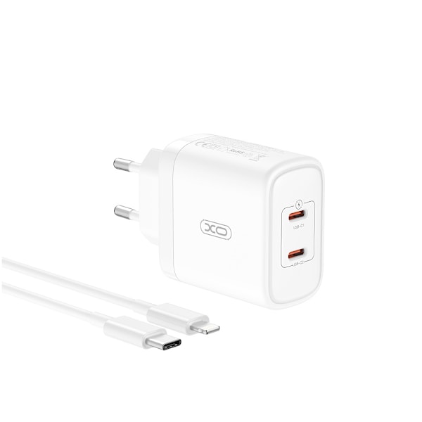 XO USB-laddare med 2xUSB-C PD 50W + USB-C till Lightning-kabel