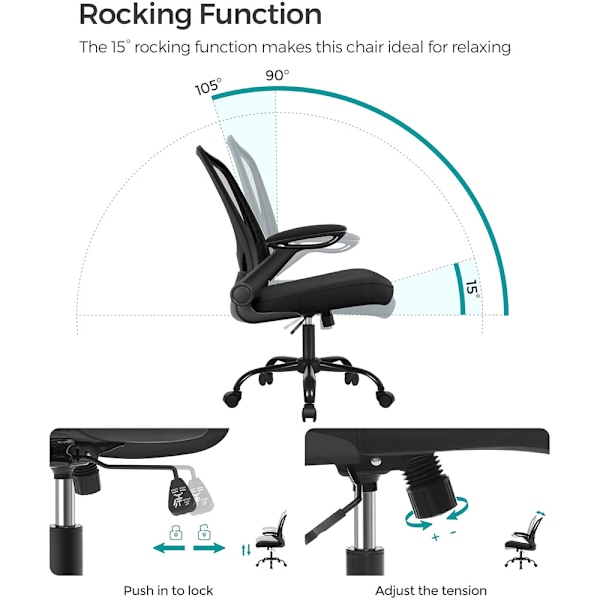 Ergonomisk kontorstol med armlæn og justerbart ryglæn - Sort