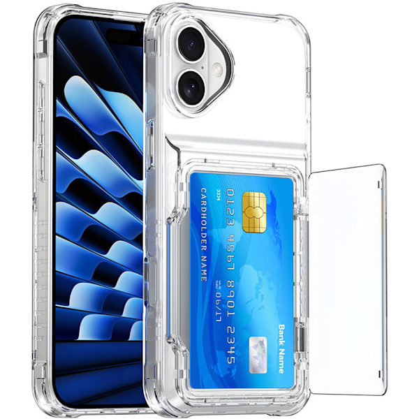 Takakuori korttipaikalla ja jalustalla iPhone 16 Plus -puhelime