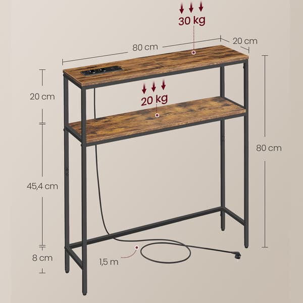 Konsolipöytä 20×80×80 cm / kapea sivupöytä pistorasioilla, USB-