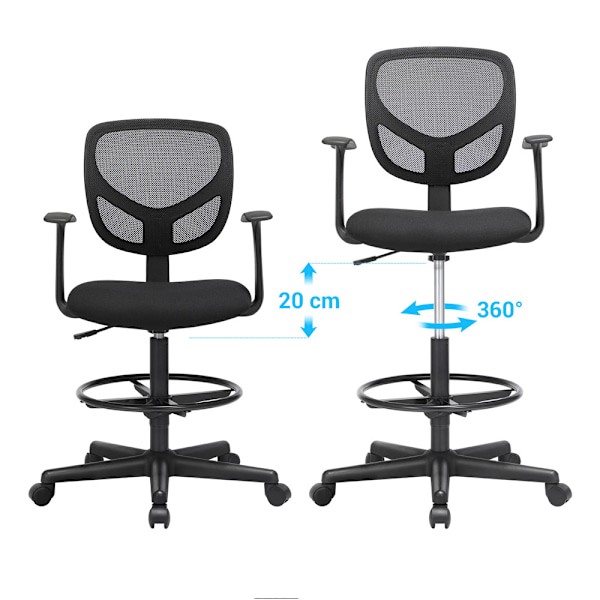 Ergonomisk kontorstol med armlæn og fodstøtte - Sort