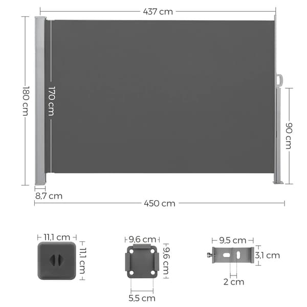 Utdragbart insynsskydd 1,8x4,5 m - Grå / sidoskärm / utdragbar