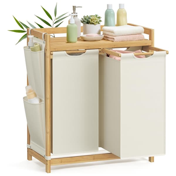 Bambu pyykkikori 2-osainen – 100 L, irrotettavat pussit, hylly