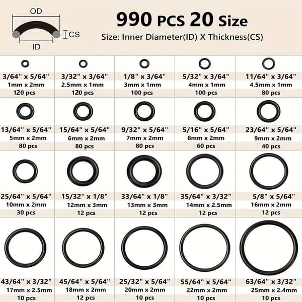 O-ringe i forskellige størrelser 990 dele / o-ring kit / nitril
