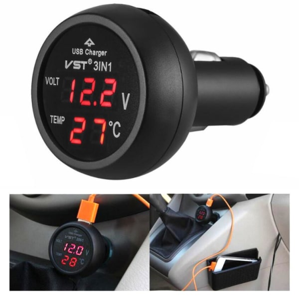 3-in-1 USB-autolaturi, jossa on volttimittari ja lämpötilan mit
