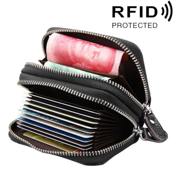 Svart lehmännahkalompakko, jossa on RFID-suojaus ja monia käytä