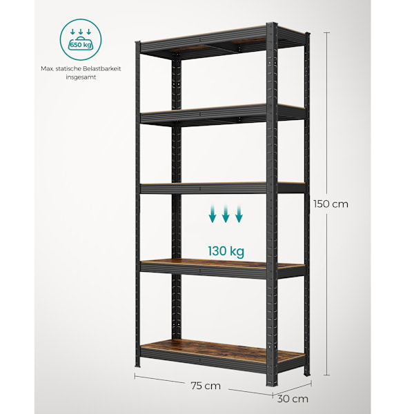 Opbevaringshylde i metal med 5 justerbare hylder - 150 x 75 x 3