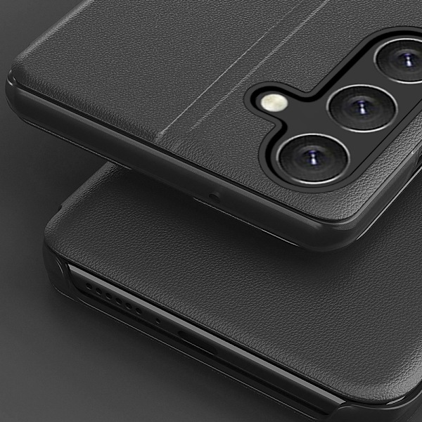Keinonahkainen kotelo jalustalla Samsung Galaxy S25 - Svartille