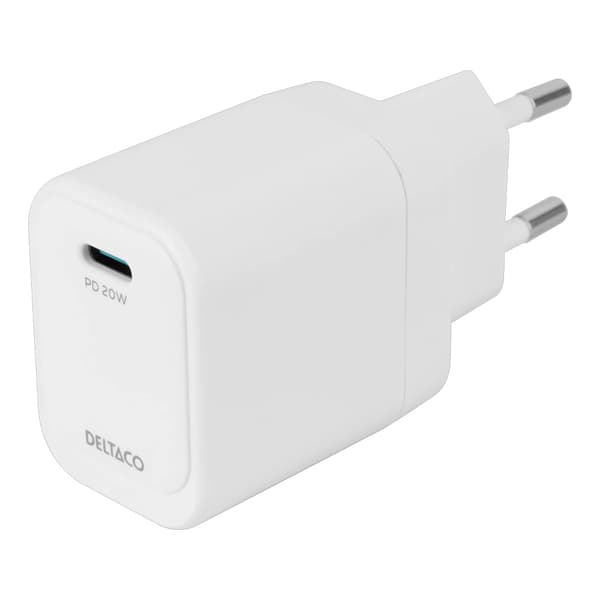 Deltaco USB-C-oplader 1xUSB-C PD 20W - Hvid / USB-C-vægoplader