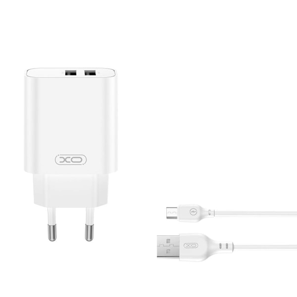 XO Väggladdare med 2xUSB 2,4A + USB till USB-C-kabel - Vit