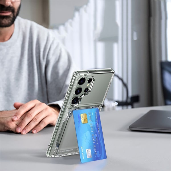 Takakansi korttipaikalla ja jalustalla Samsung S24 Ultra -puhel