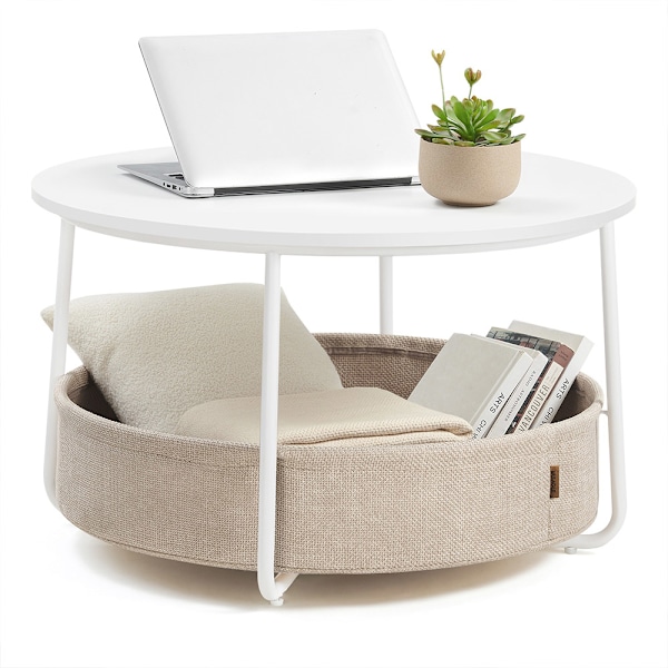 Rundt sofabord med opbevaringskurv - hvid/beige