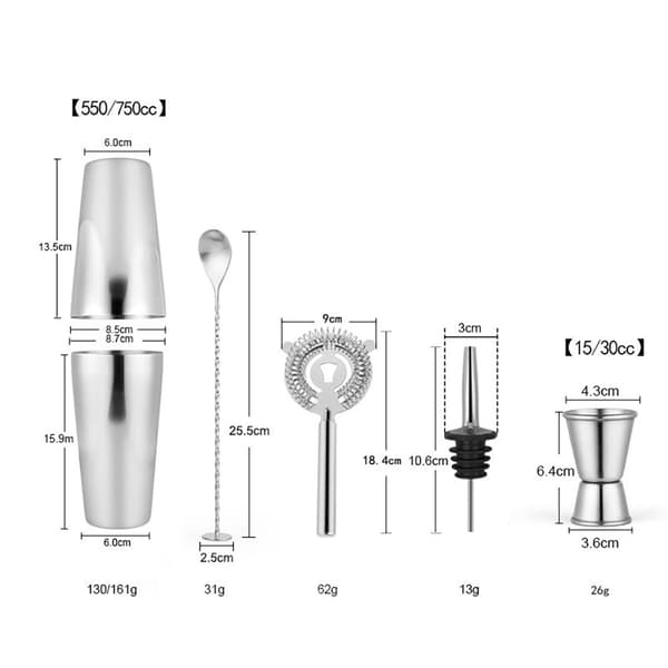Boston shaker i rostfritt stål – 5-delars cocktailset