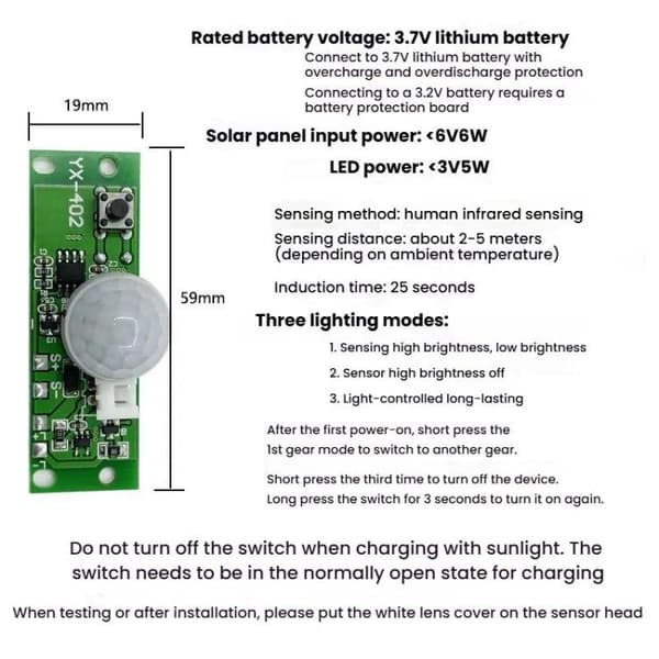 Styrkort med PIR-rörelsesensor för solcellsbelysning – 3.7V