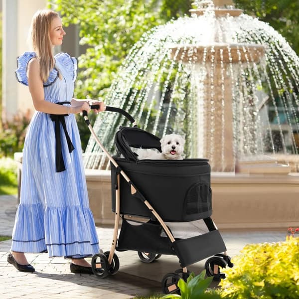 Hundevogn med bur og autostol – sort/guld