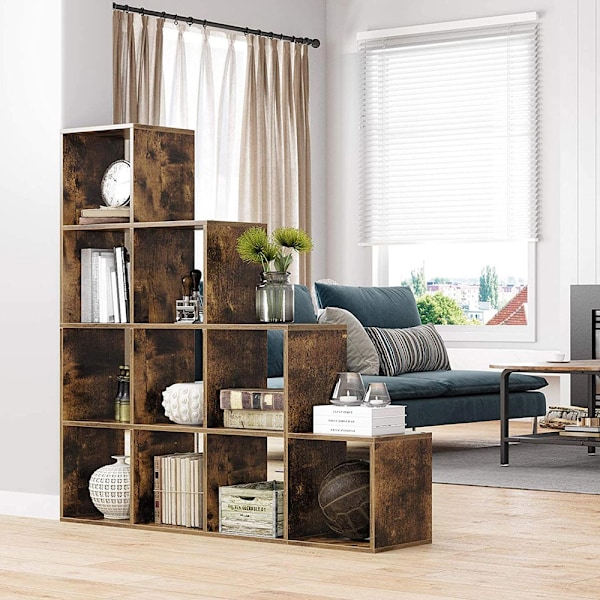 Bokhylla 129,5 x 129,5 x 29 cm – med 10 öppna fack i rustik bru