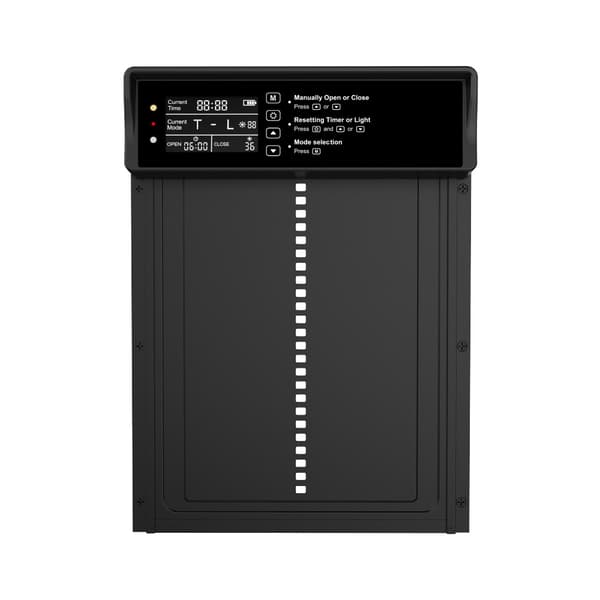 Hönslucka med timer, ljussensor och solcellsdriven laddning