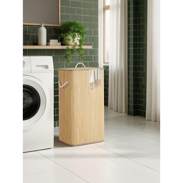 Hopfällbar tvättkorg i bambu med lock 90L - Natur / Rektangulär