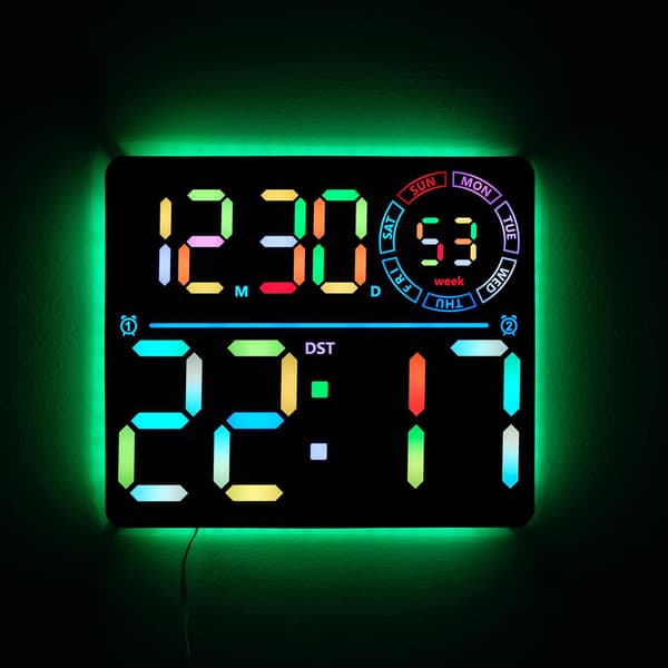 Stor Digital Väggklocka med RGB LED - Svart / Digital väggklock
