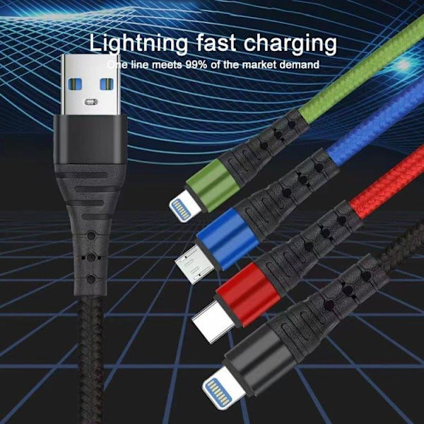 4in1 USB-opladerkabel med Micro-USB, USB-C og Lightning x2