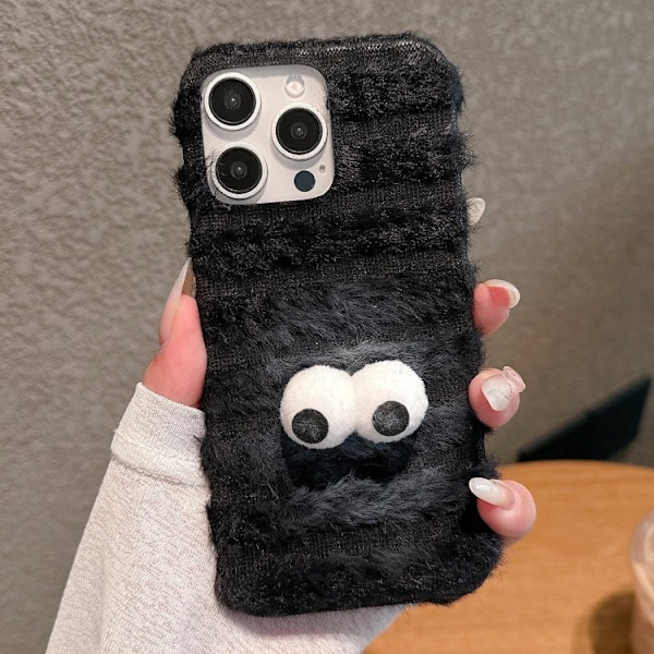 Pörröinen takakuori iPhone 16 Pro:lle - Googly Eyes / Svart