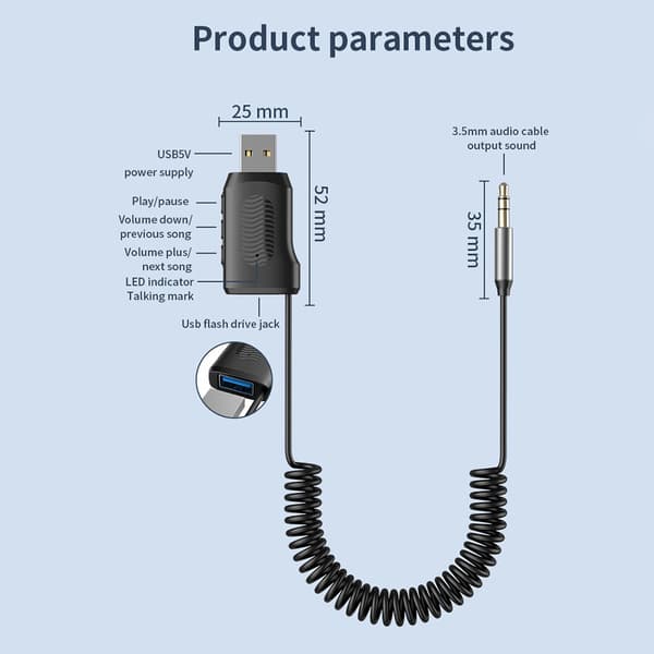 Bluetooth AUX-adapter  med 3,5 mm och USB