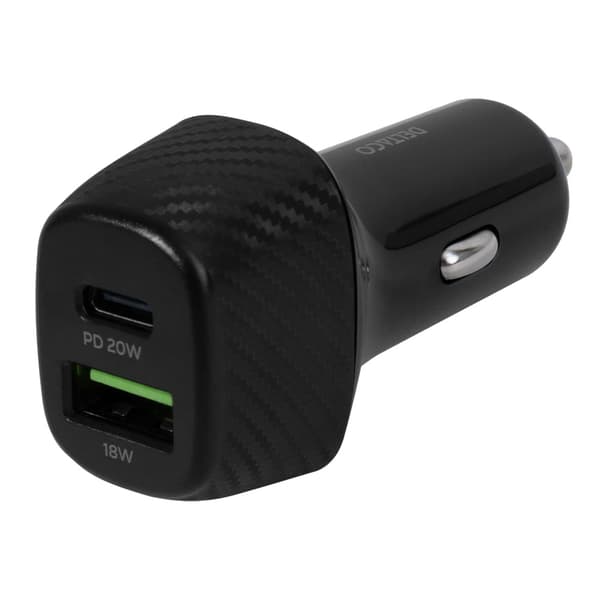 Deltaco-billader med 1 x USB 18 W og 1 x USB-C PD 20 W / USB-bi