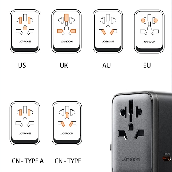 Joyroom Reseadapter 65W med EU / US / JP / AU / UK / CN - Svart