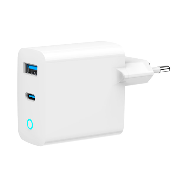 GaN USB-laturi 65W, jossa 1xUSB-C PD ja 1xUSB QC3.0 - Valkoinen