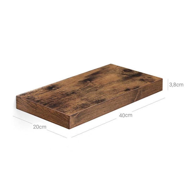 Vägghylla i trä med dold upphängning – 40 x 20 x 3,8 cm – rusti