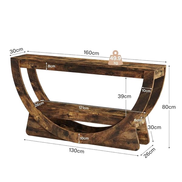 Konsolbord med 2 hyllplan och bågform 160cm - Rustik brun / Sma