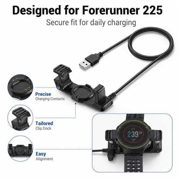 USB-laddare till Garmin Forerunner 225 - Svart / Klockladdare /