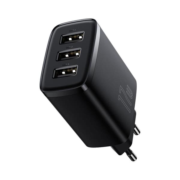 Baseus vægoplader med 3 USB-porte, 17 W – Svart / USB-oplader m