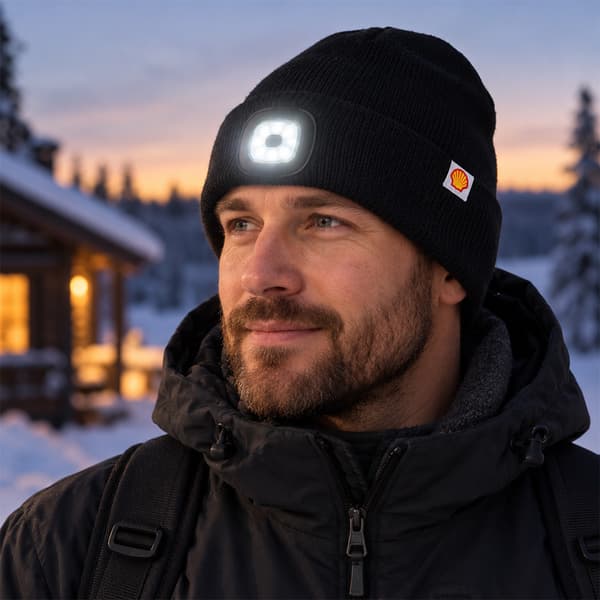 Stickad mössa med LED-belysning och Shell-logga / LED-mössa / M