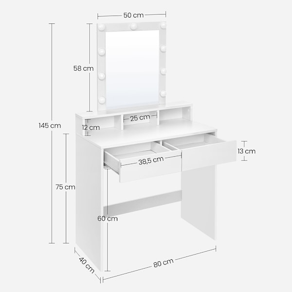 Sminkebord med LED-spejl og justerbar lysstyrke