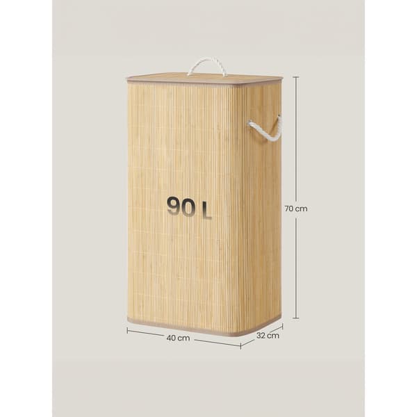 Hopfällbar tvättkorg i bambu med lock 90L - Natur / Rektangulär