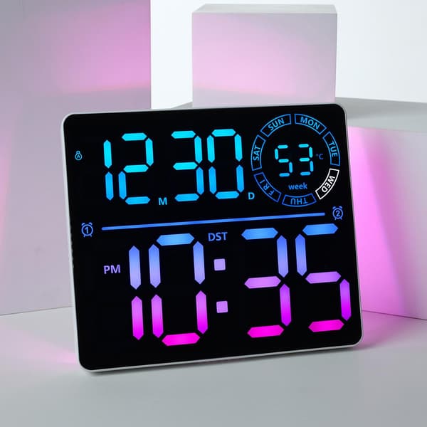 Stor digital väggklocka med RGB LED - vit ram / LED-klocka med