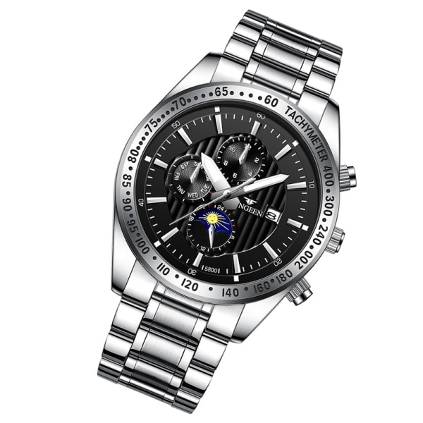 Vandtæt armbåndsur – Sølvfarvet rem, sort baggrund og sølvfarve