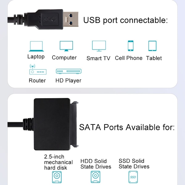 SATA til USB 3.0-kabel til 2,5" harddisk med høj overførselshas