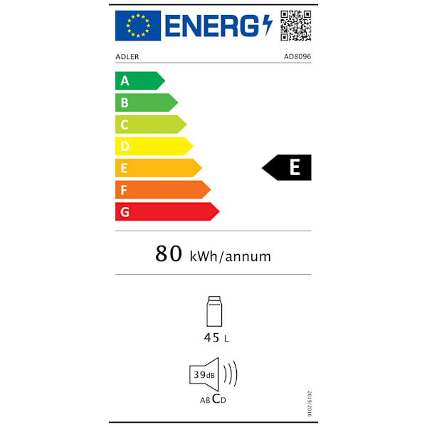 Underbänkskyl 45 liter – energiklass E, 40 dB, 6 kylnivåer - Vit